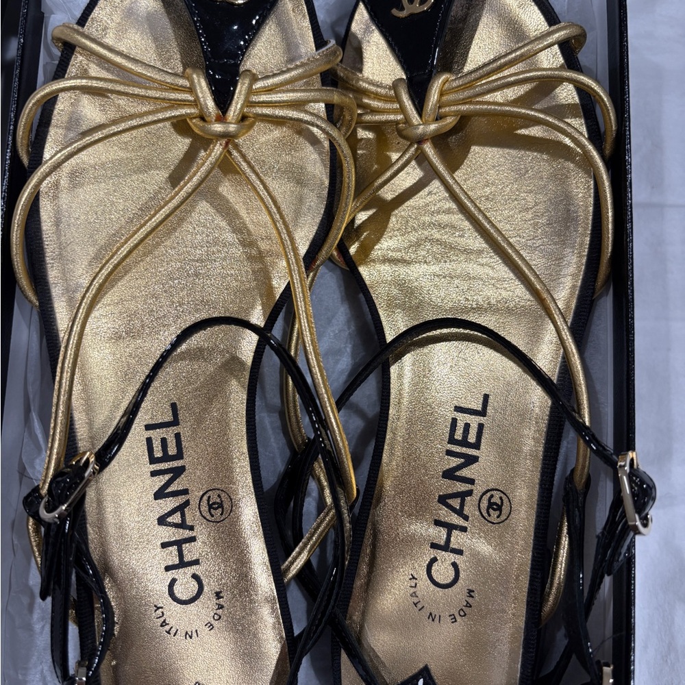 Chanel Gold and Black Women's Sandals